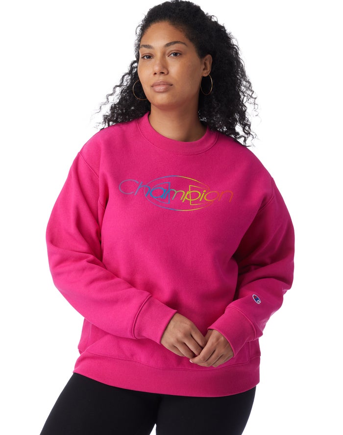 Champion Plus Reverse Weave Crew Rainbow Logo Kadın Sweatshirt Pembe ( VFHYKU379 )